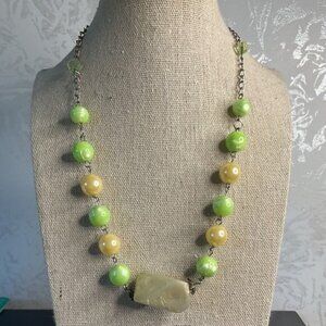 Vintage Yellow & Green Beaded Necklace With Stone Pendant & Chain Clasp